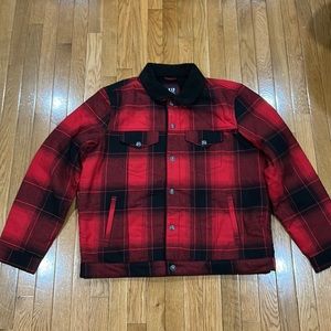 New Men’s Red and Black Plaid Sherpa Lined Jacket-XL